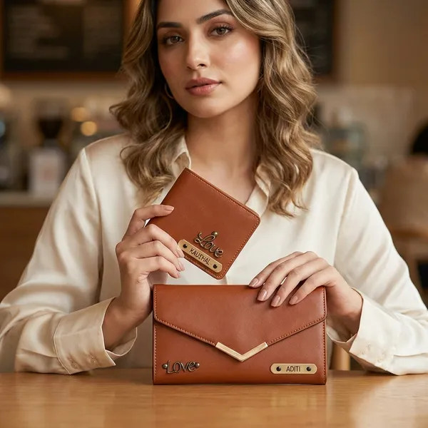 personalised ladies clutch + men's wallet combo