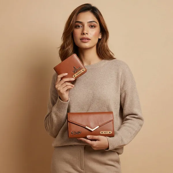 personalised ladies clutch + men's wallet combo