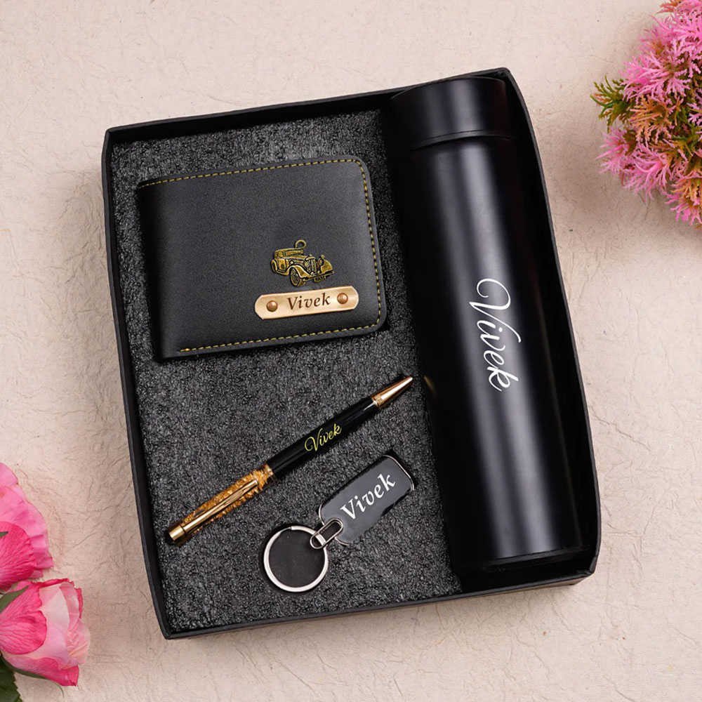 Personalized Gift Combo Mens Wallet Keychain Pen Bottle Black